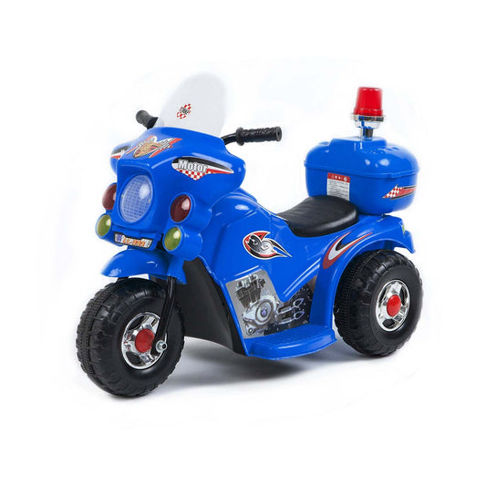 Blue electric ride-on motorcycle for kids, rechargeable battery ensures up to 1hr playtime.