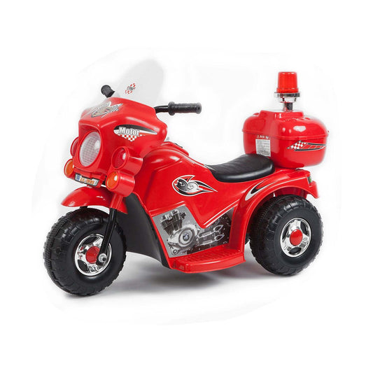 Red childrens electric ride-on motorcycle with 1hr rechargeable battery, perfect for indoor play.