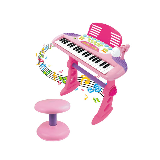 Pink childrens electronic keyboard with stand, ideal musical toy for creative home play.