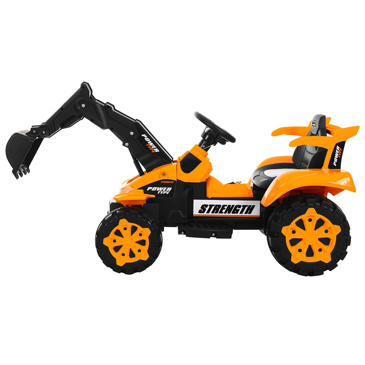 Kids electric excavator toy, 6V battery, 30kg capacity, orange color, for fun home play.