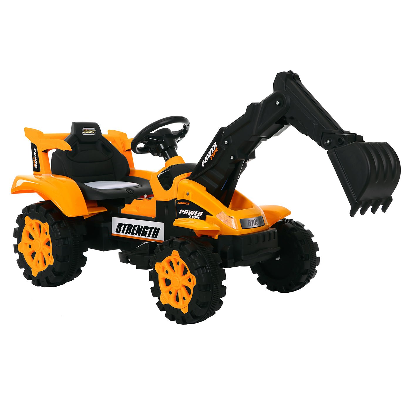 Kids electric excavator toy, 6V battery-powered, 30kg capacity, in vibrant orange color scheme.