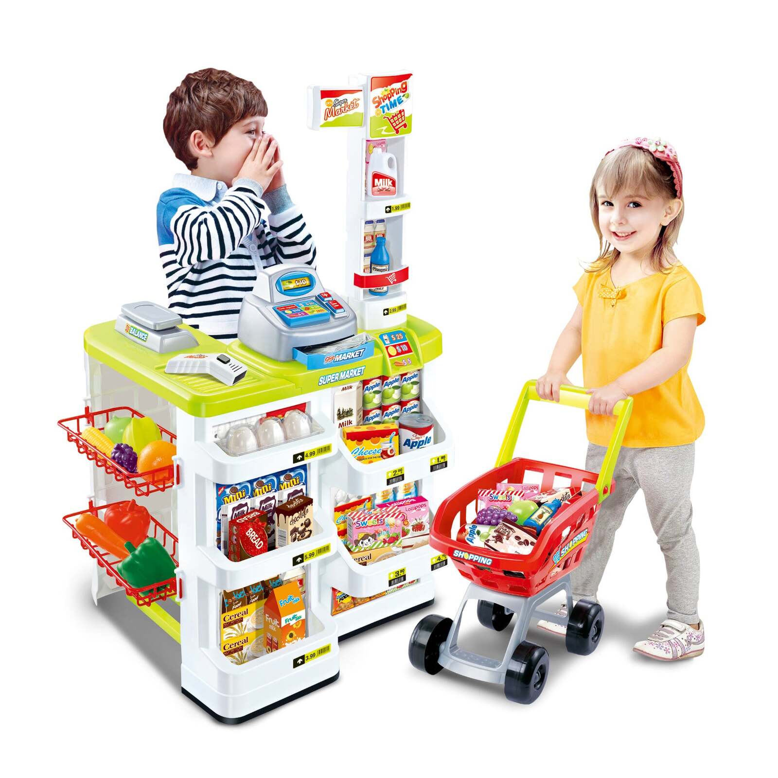 Shop Kids Supermarket Toy with Cash Register, Trolley, Food
