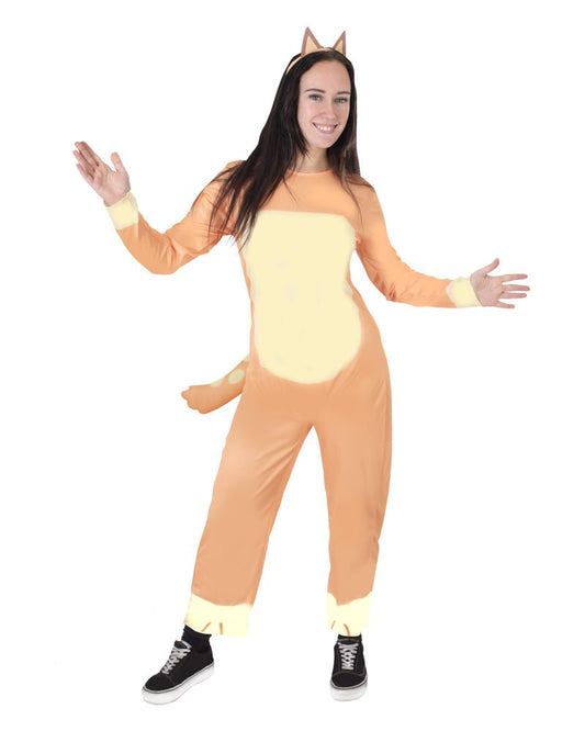 Bluey Chilli Adult Costume - Official Deluxe Jumpsuit Set for fun dress-up play at home.