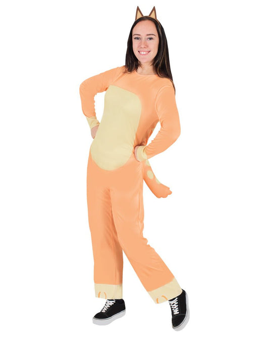 Bluey Chilli Adult Costume | Official Deluxe Jumpsuit Set for playful childrens dress-up fun.