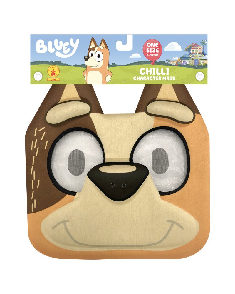 Bluey Chilli Eva 3D foam face mask for kids and adults, perfect for home play and dress-up.