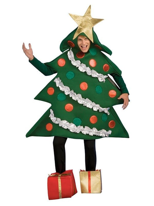 Christmas tree costume with boot covers and presents, perfect for festive holiday dress-up.