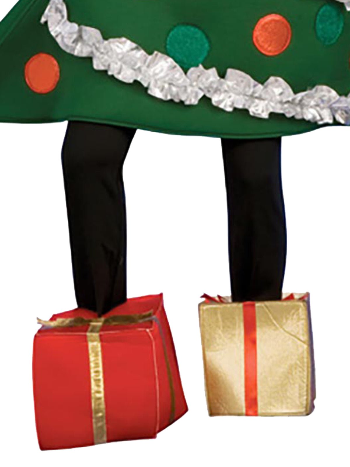 Christmas tree costume with presents boot covers for festive childrens dress-up at home.