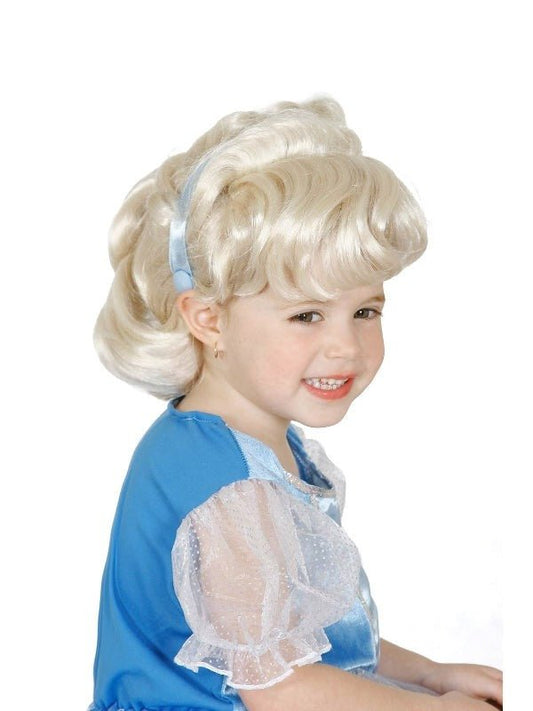 Disney Cinderella kids wig with blonde hair and blue ribbon, perfect for dress-up play.