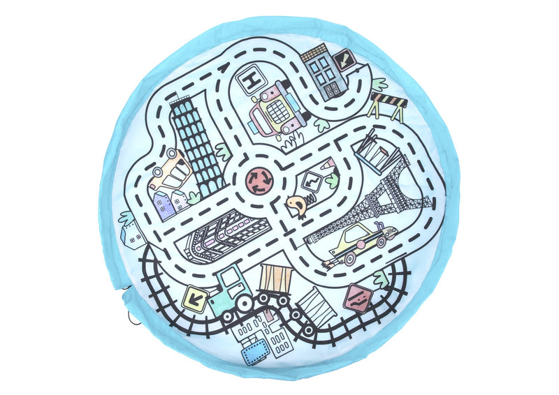 Large diameter children's play mat with interactive city design for coloring