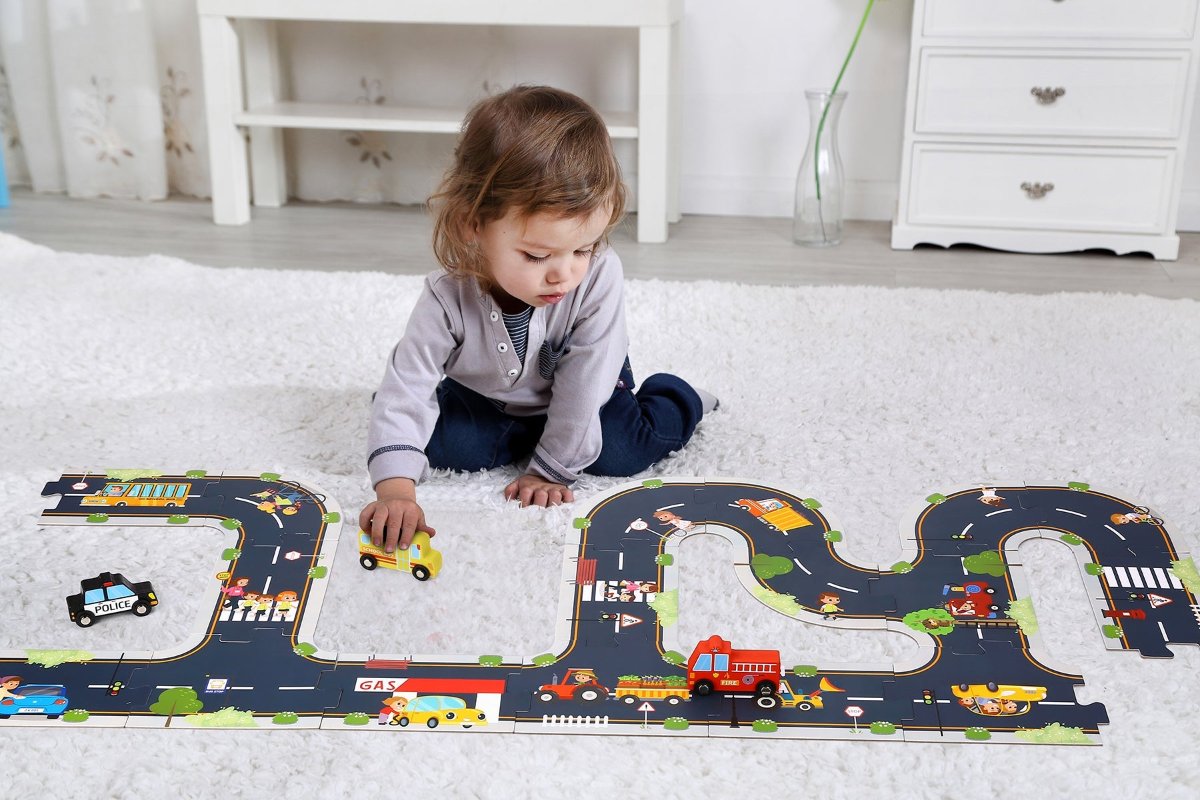 Colorful city road puzzle playmat for interactive playtime, perfect for kids imaginative learning.