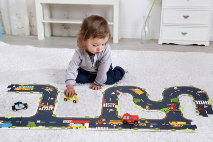 Colorful city road puzzle playmat for interactive playtime, perfect for kids imaginative learning.