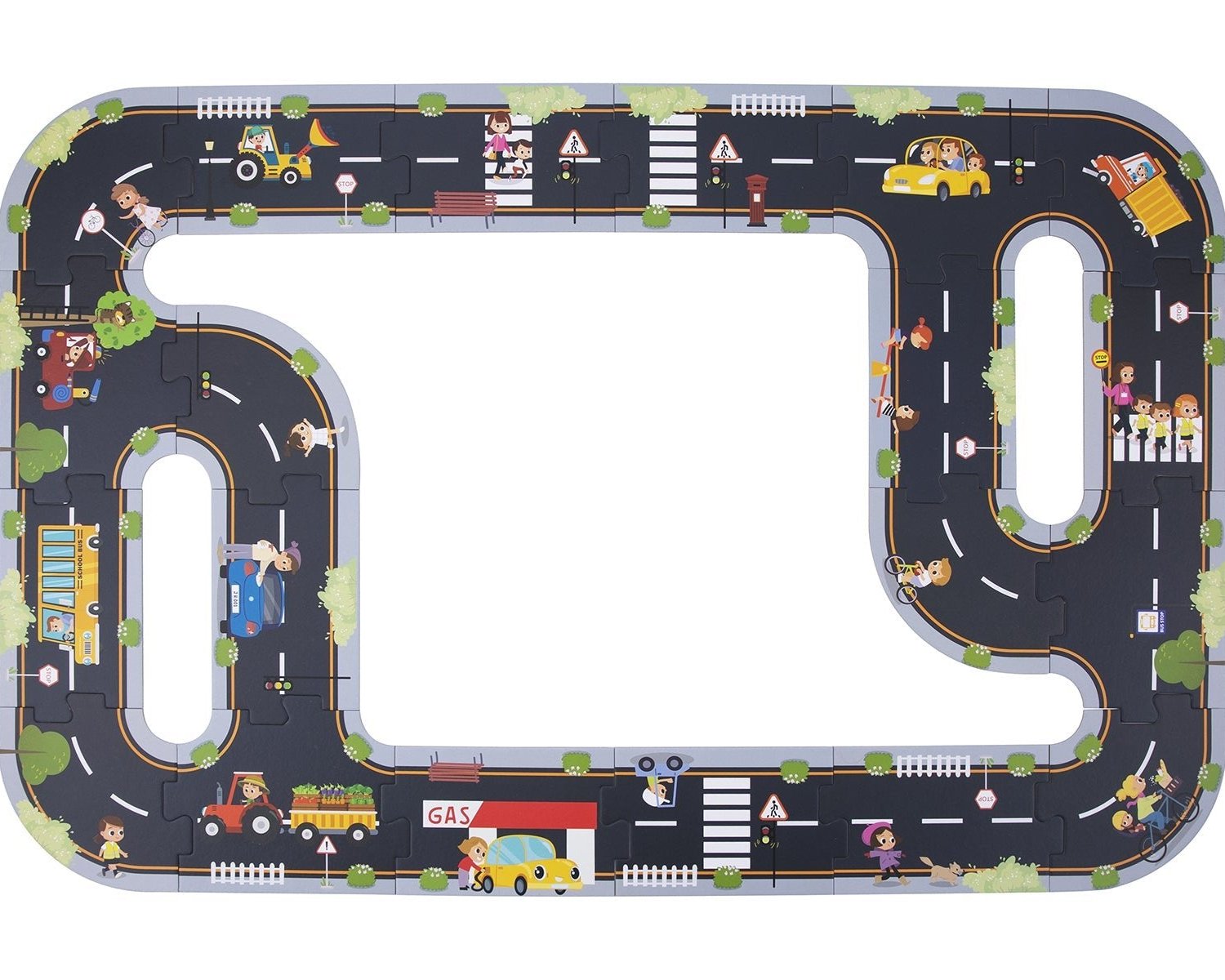 Colorful city road puzzle playmat for interactive play and learning, great for childrens playroom.