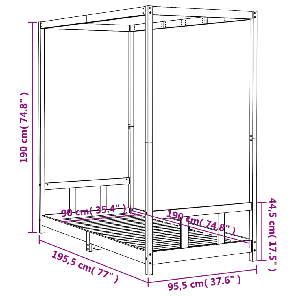 Kids single bed frame with canopy in classic white pinewood design for charming bedrooms.