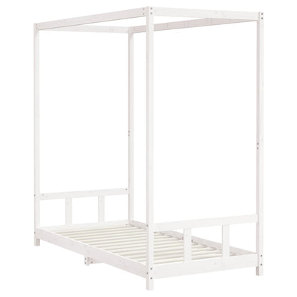 White pinewood single bed frame with kids canopy, ideal for cozy childrens bedrooms.