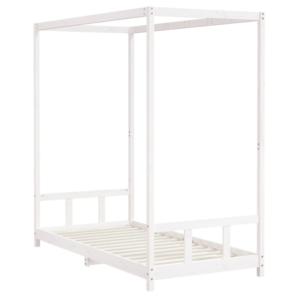 Kids single bed frame with canopy, classic white pinewood design. Ideal for childrens bedrooms.