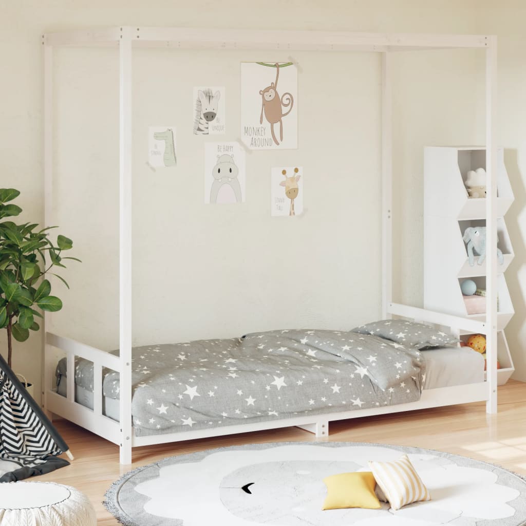 Kids white pinewood bed frame with canopy, classic design for cozy sleep and play.