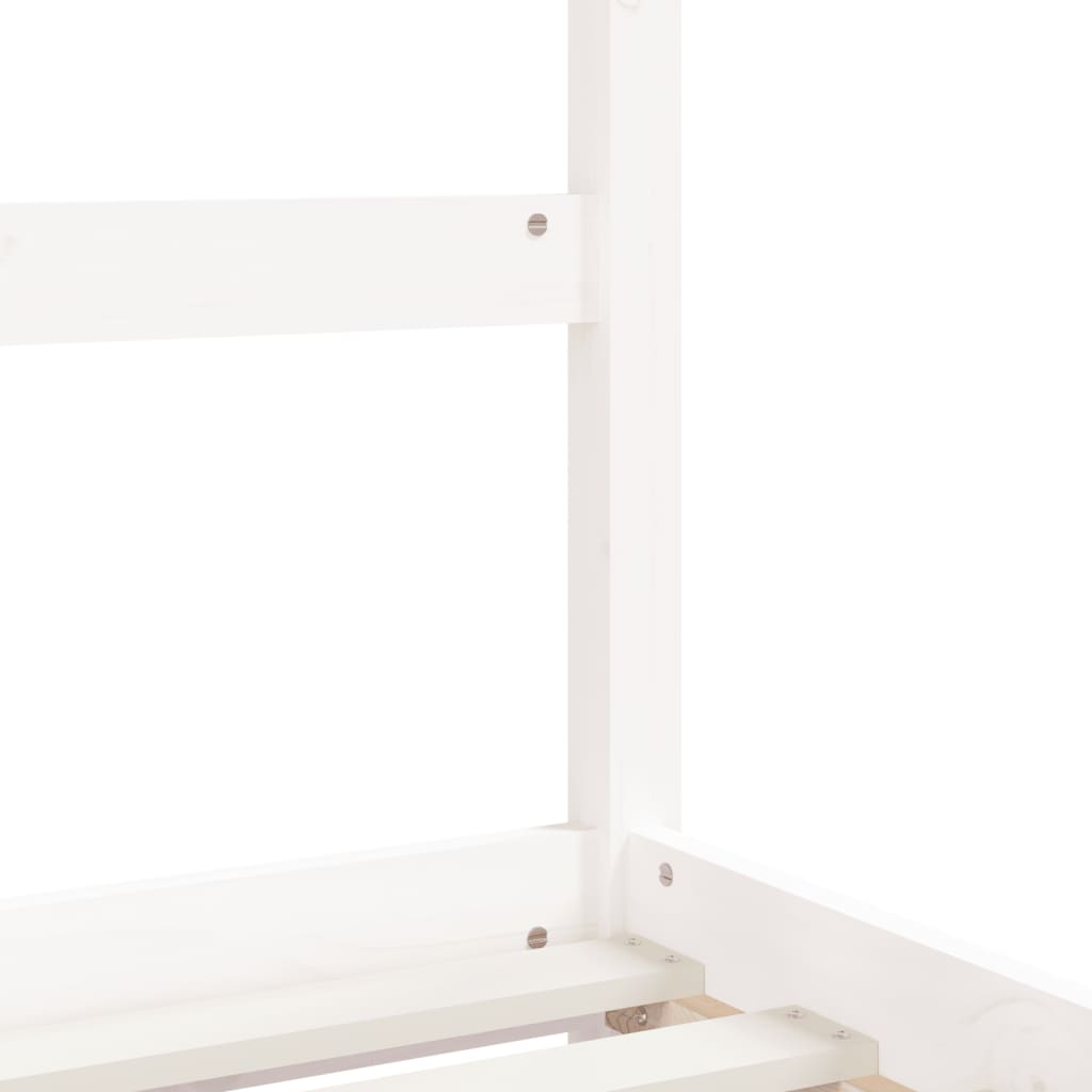 White pinewood bed frame with canopy designed for kids comfort and playtime.