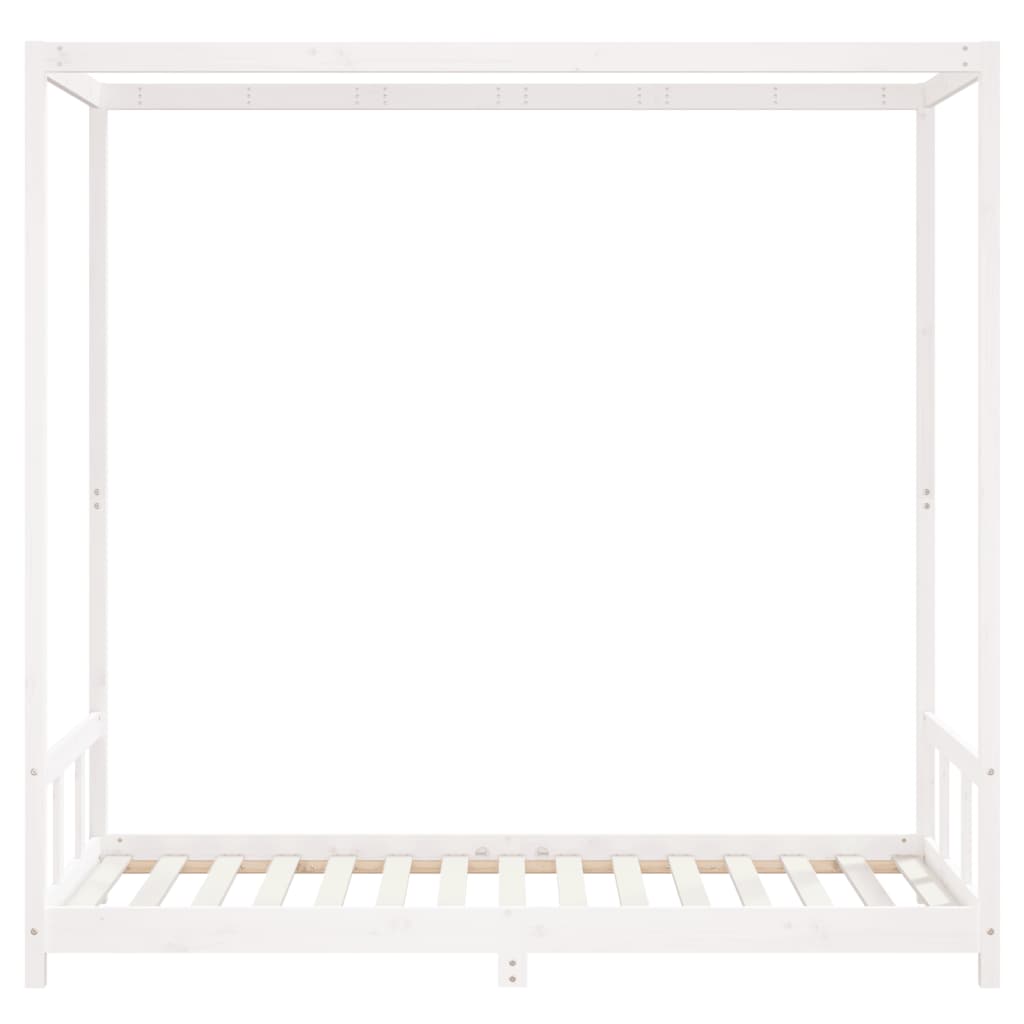 Kids white pinewood single bed frame with canopy, ideal for cozy play and sleep.