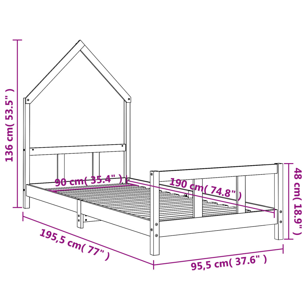 Kids single bed frame in classic white, crafted from solid pine for durability.