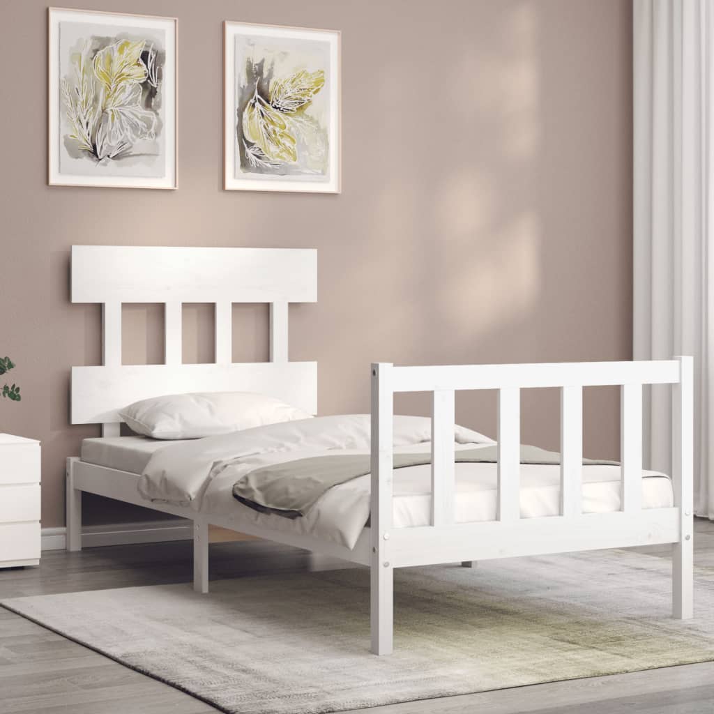 White solid pine bed frame with headboard, perfect for kids bedrooms.