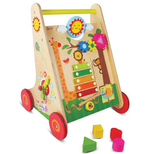 Wooden learning walker with xylophone and shapes for interactive play and toddler mobility.