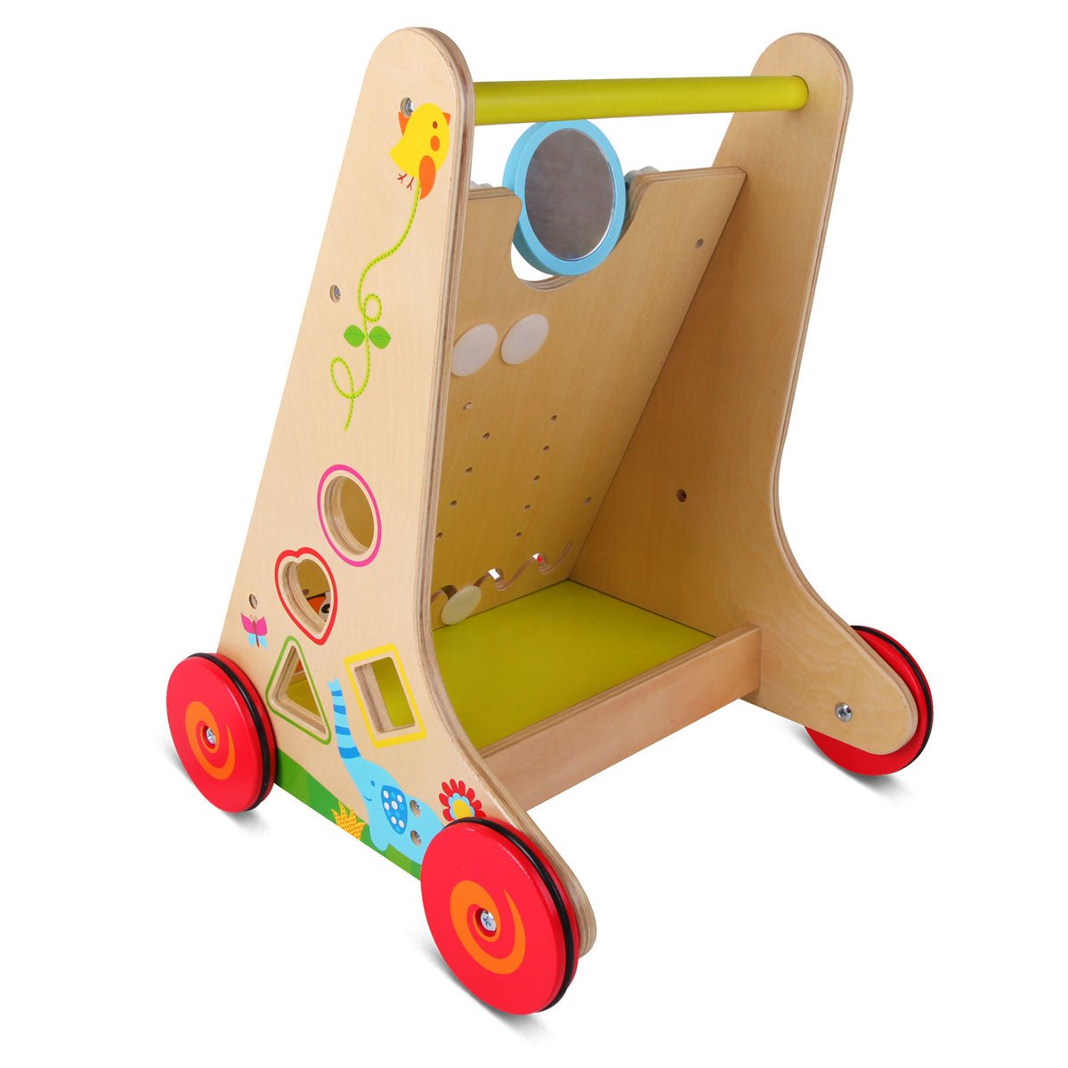 Wooden Learning Walker with Xylophone and Shapes for interactive play and toddler motor skills.