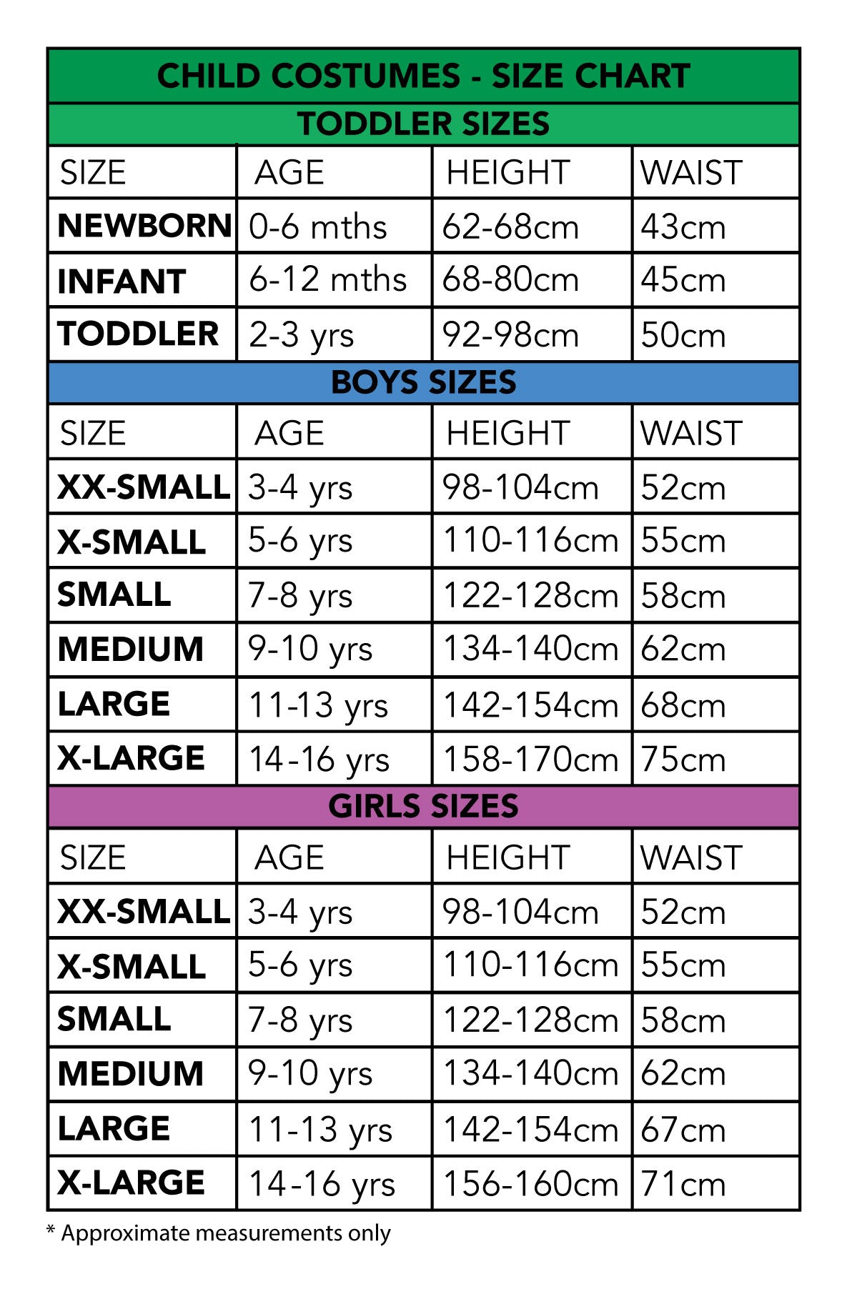Size chart Monster High Clawdeen Wolf Deluxe Costume at Kids Mega Mart