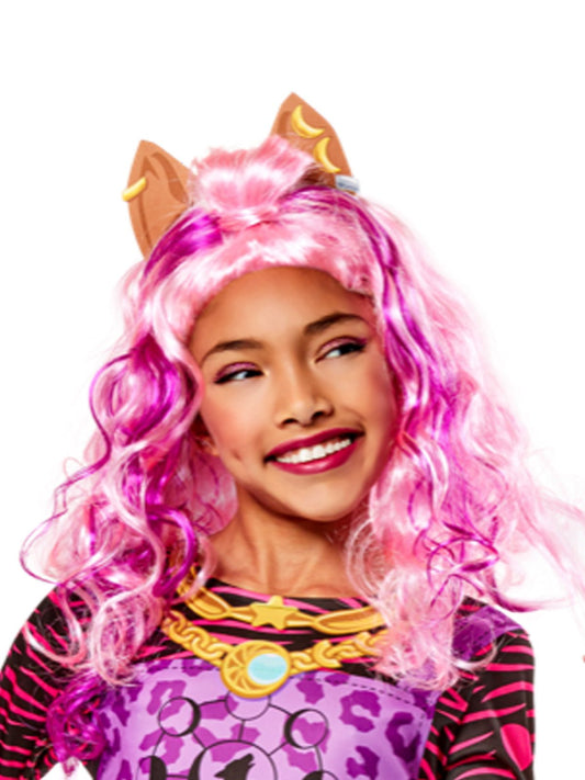 Pink Monster High Clawdeen Wolf wig with ears for kids costume play at home.