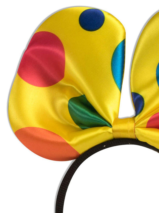 Adults playful polka dot clown bow headband in bright colors, perfect for costume parties.