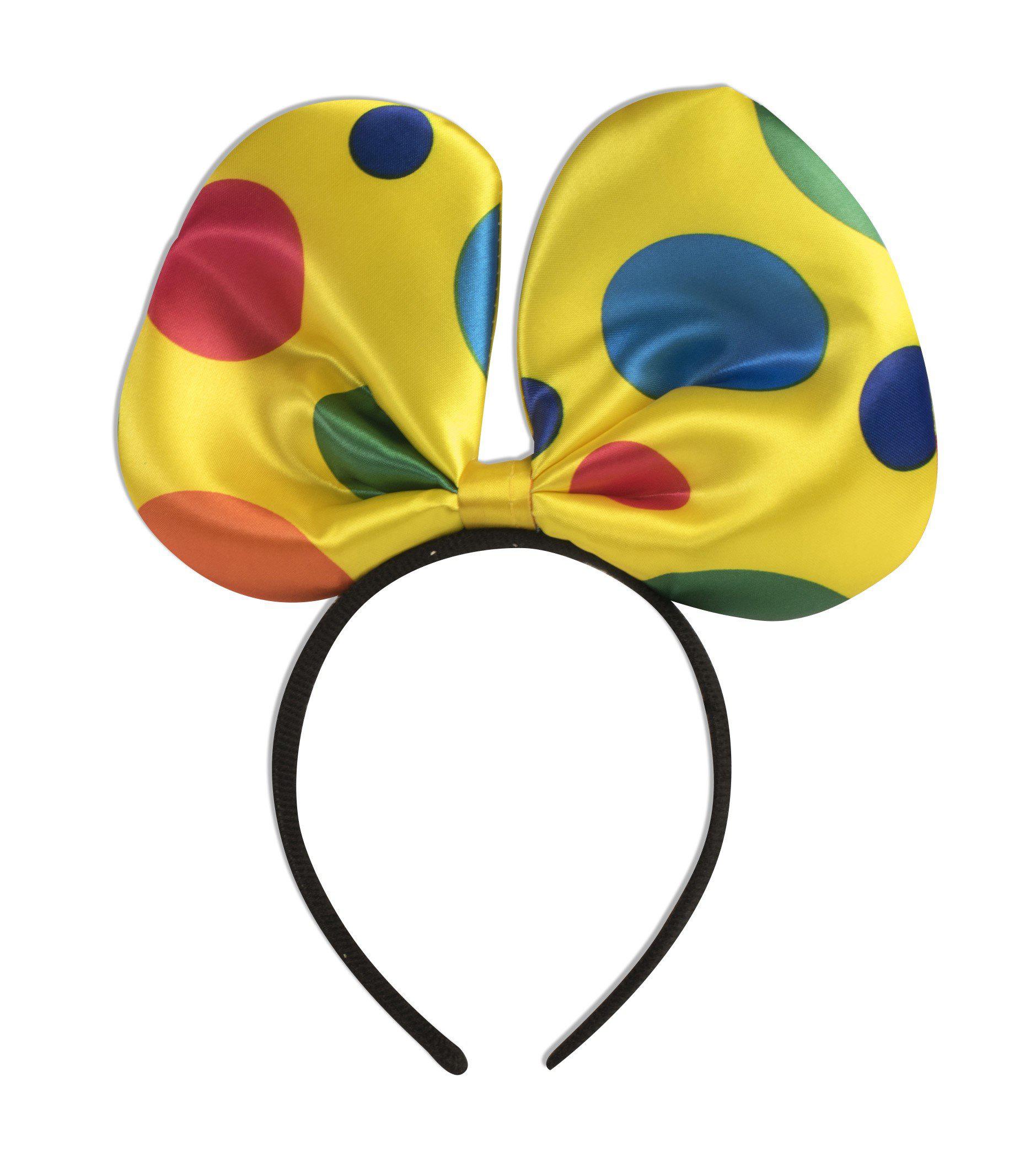 Vibrant clown bow headband with colorful polka dots for playful adult costume parties.