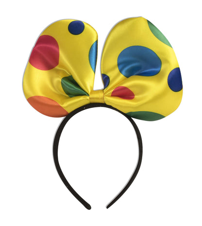 Vibrant clown bow headband with colorful polka dots for playful adult costume parties.