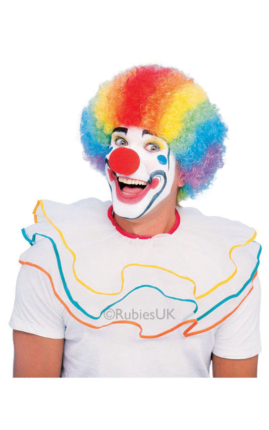 Vibrant rainbow clown afro wig for adults, perfect colorful costume accessory for playful dress-up.