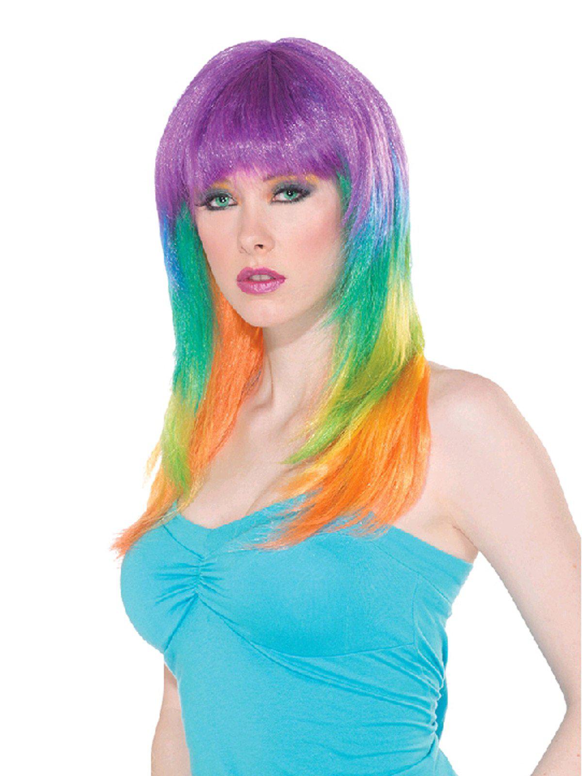 Colorful rainbow ombre wig with fringe for kids playtime and dress-up - Club Candy Prism