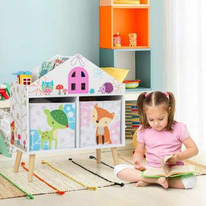 House-shaped kids bookshelf with storage bins and animal prints for playful room organization.