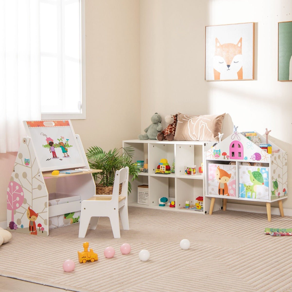 Kids bookshelf in house shape with animal prints and storage bins, perfect for childrens room