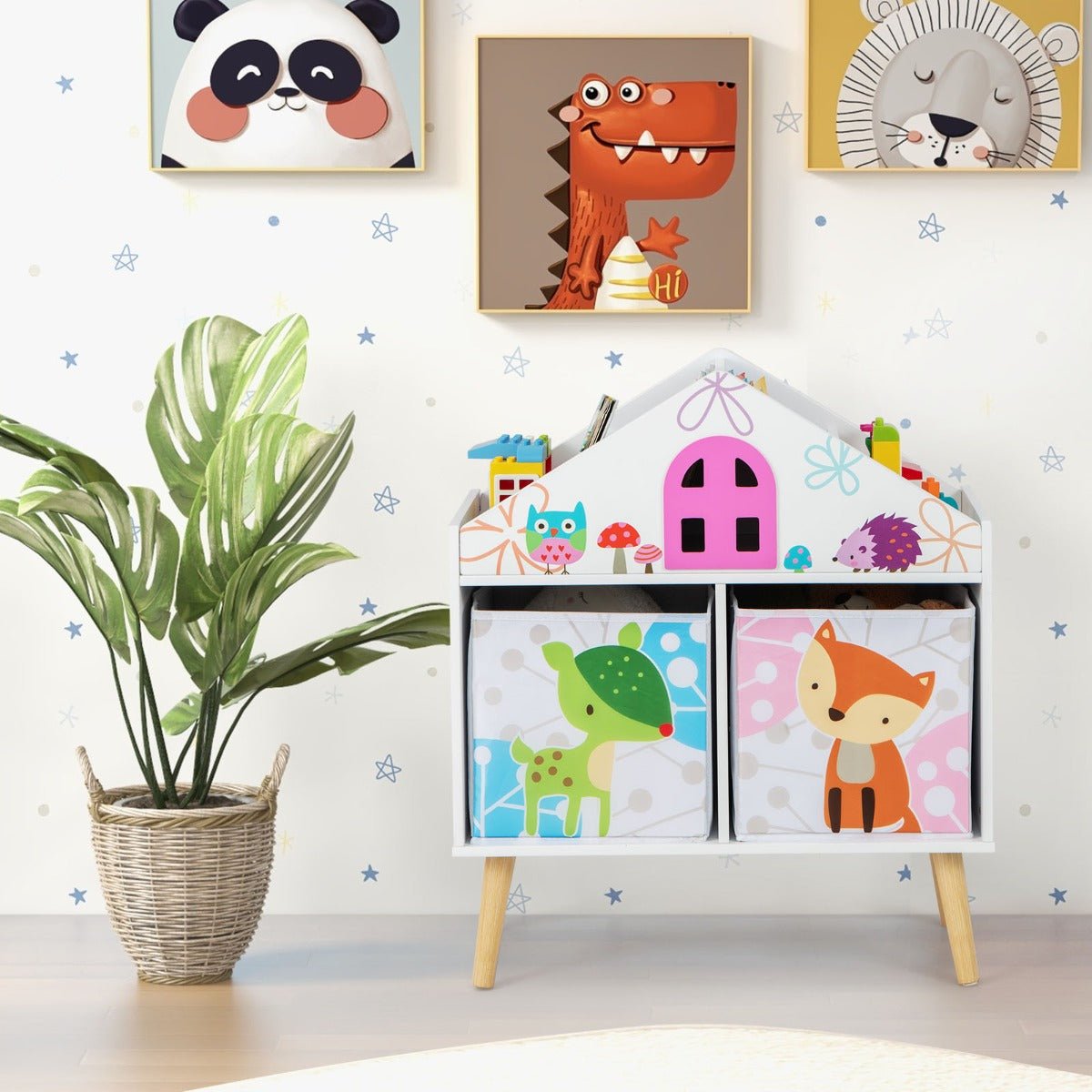 Kids bookshelf with bins and charming animal prints, perfect for organized and playful bedrooms.