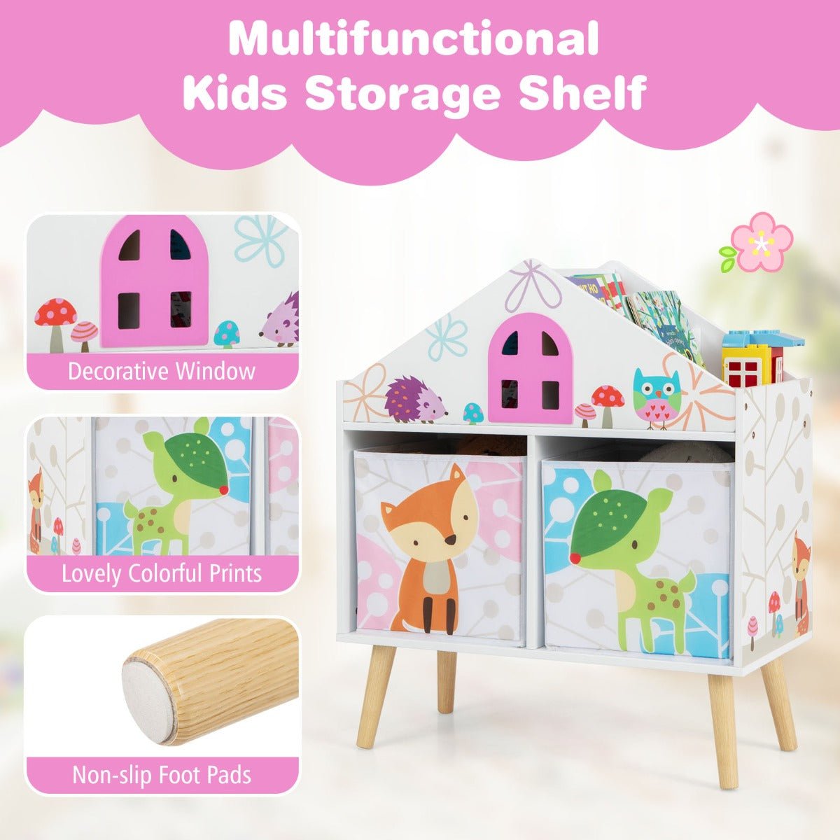 Kids bookshelf with bins, animal prints | ideal for organizing childrens books and toys.