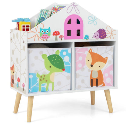 House-shaped kids bookshelf with bins and fun animal prints for playful bedroom organization.