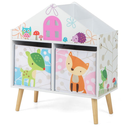 House-shaped kids bookshelf with bins and whimsical animal prints for charming and organized rooms.