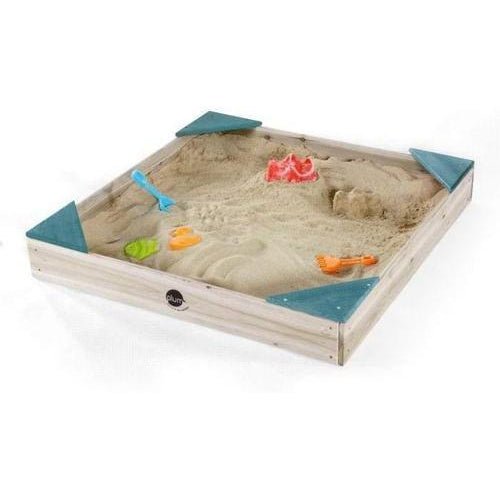 Teal wooden sandpit with cover, ideal for kids outdoor play, by Colours By Plum.