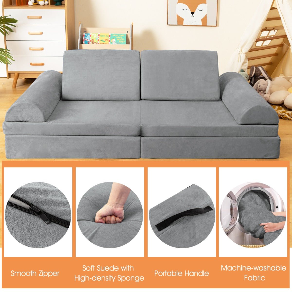Kids Modular Convertible Foam Folding Sofa with Machine-washable Fabric
