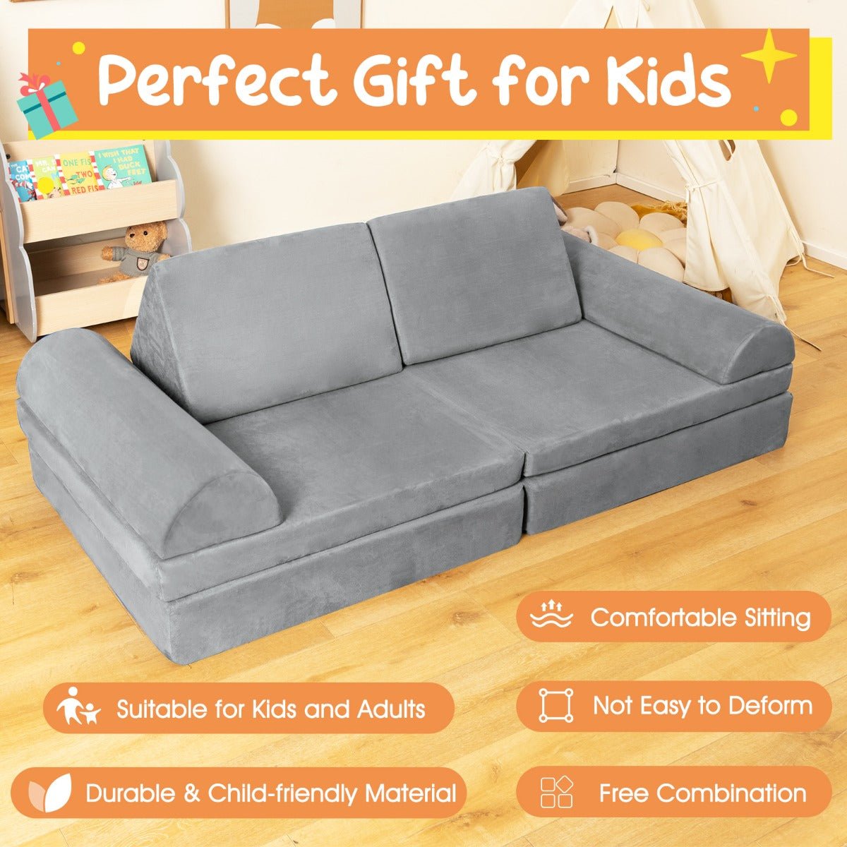 Kids Modular Convertible Foam Folding Sofa with Machine-washable Fabric