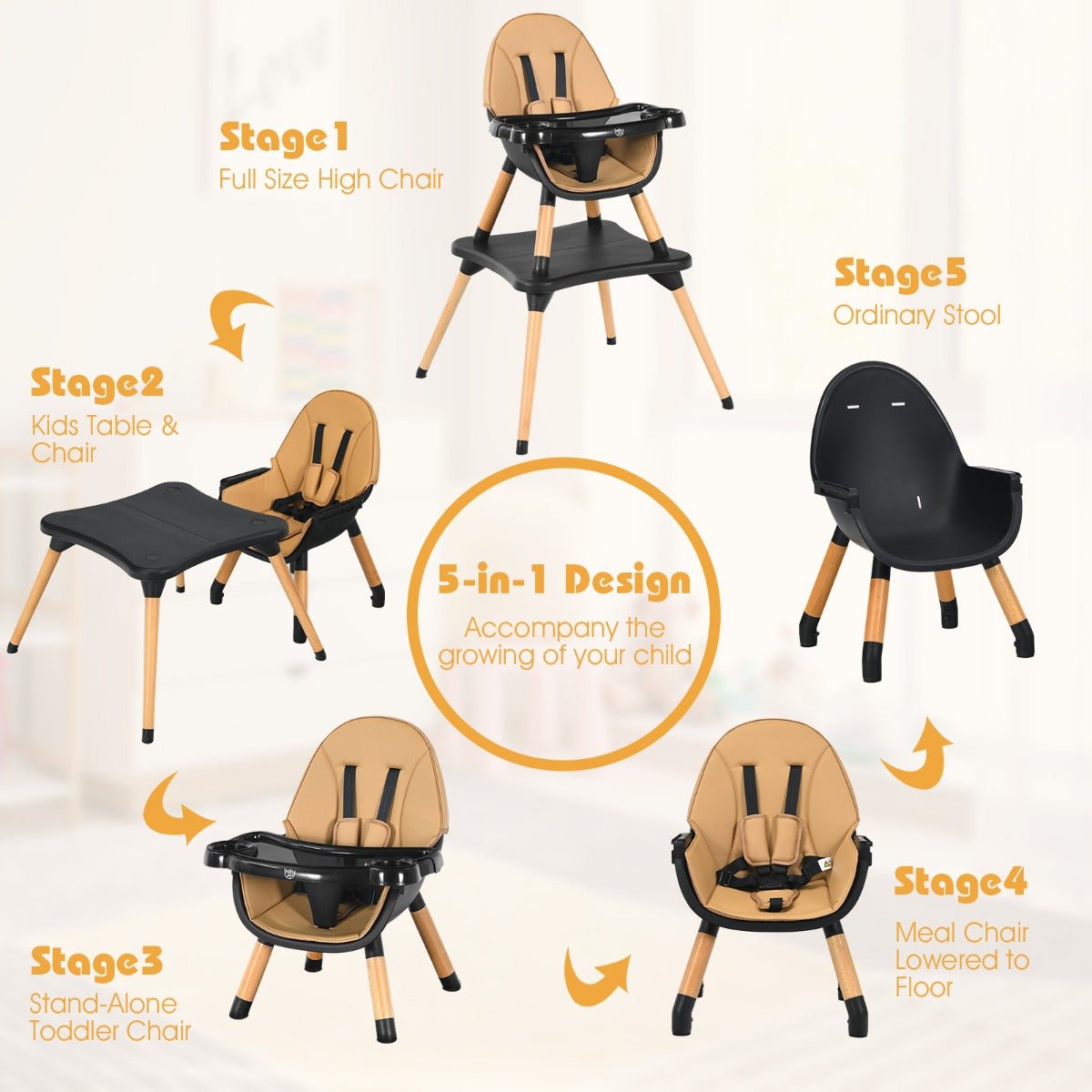 5-in-1 Wooden High Chair - Convertible Coffee Toddler Seating