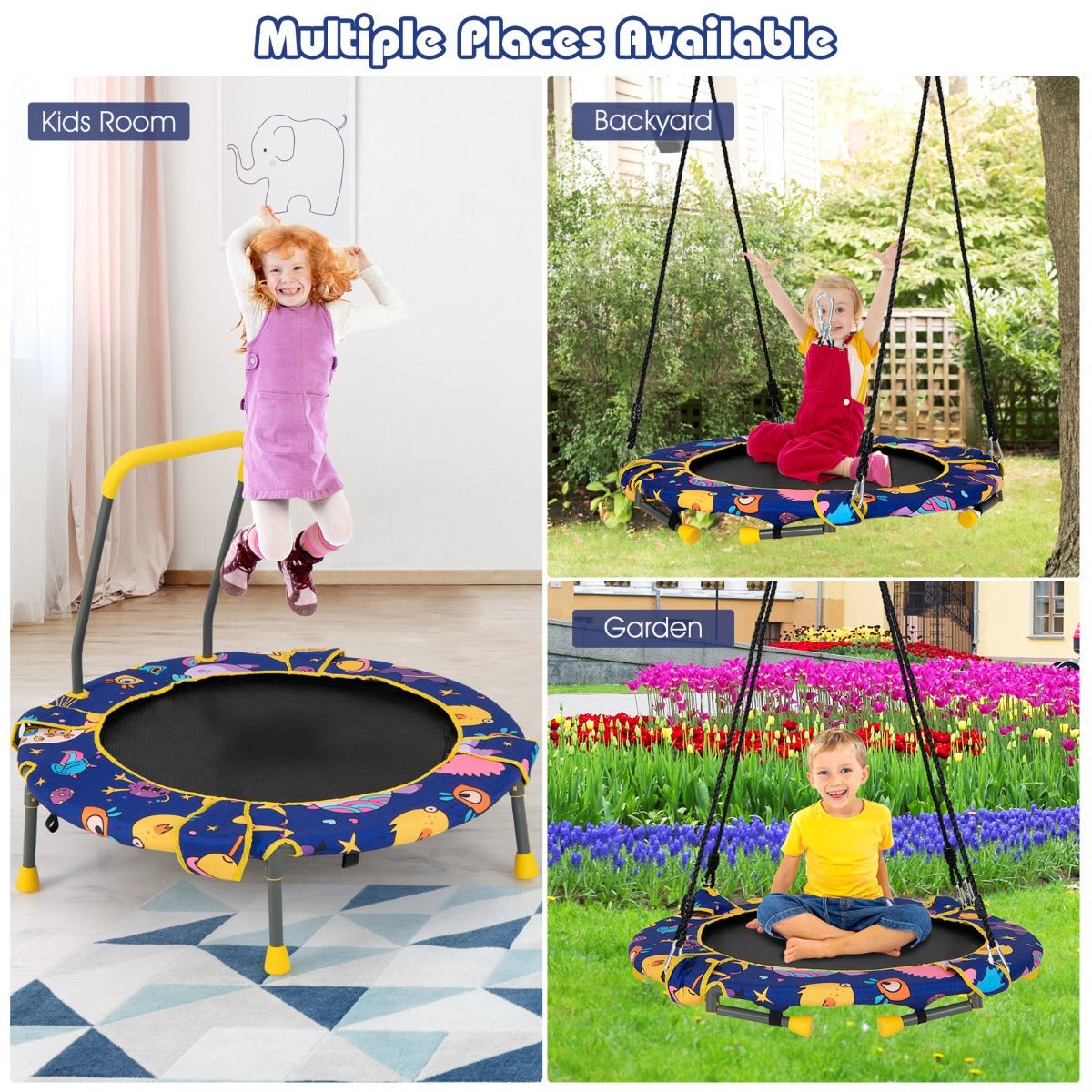 Active Play Haven: Convertible Swing and Trampoline Set with Upholstered Handrail for Kids