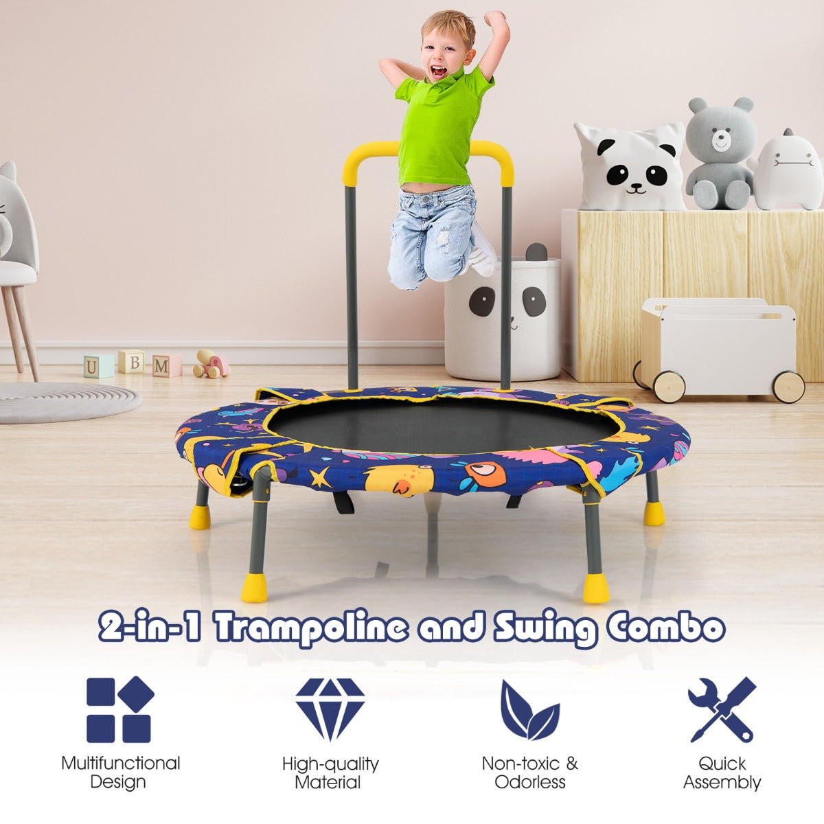 Elevate Playtime: Convertible Swing and Trampoline Set with Upholstered Handrail for Kids