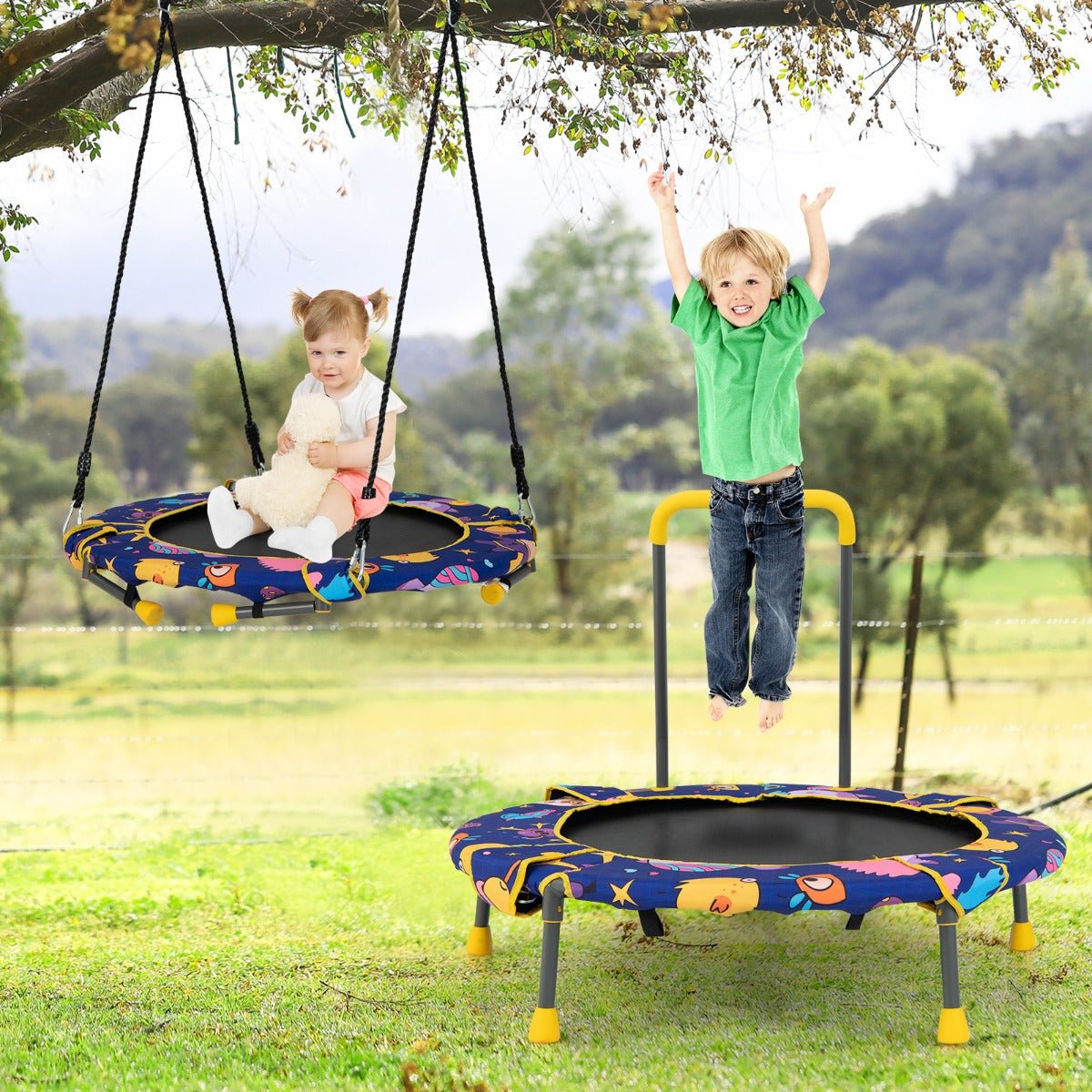Play and Bounce Fusion: Convertible Swing and Trampoline Set with Upholstered Handrail for Kids