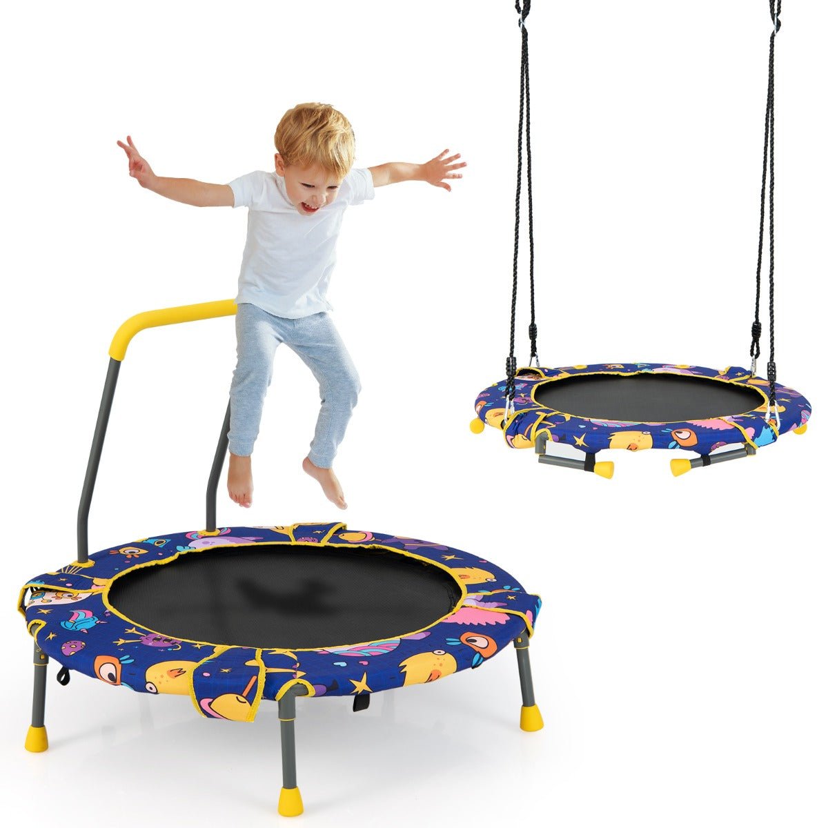 Dynamic Fun: Convertible Swing and Trampoline Set with Upholstered Handrail for Kids