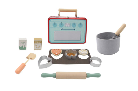 Interactive cookie baking playset in compact tin case for kids, promoting imaginative home baking.