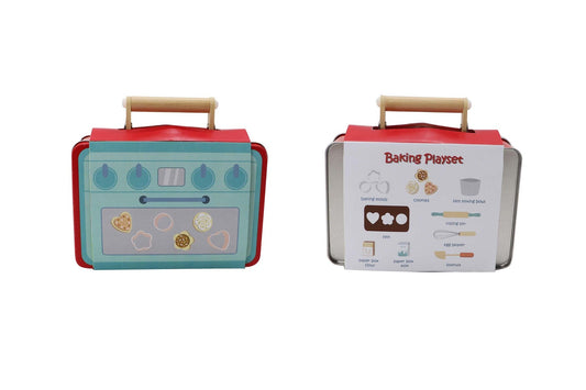 Cookie baking playset in portable tin case for kids interactive home fun.