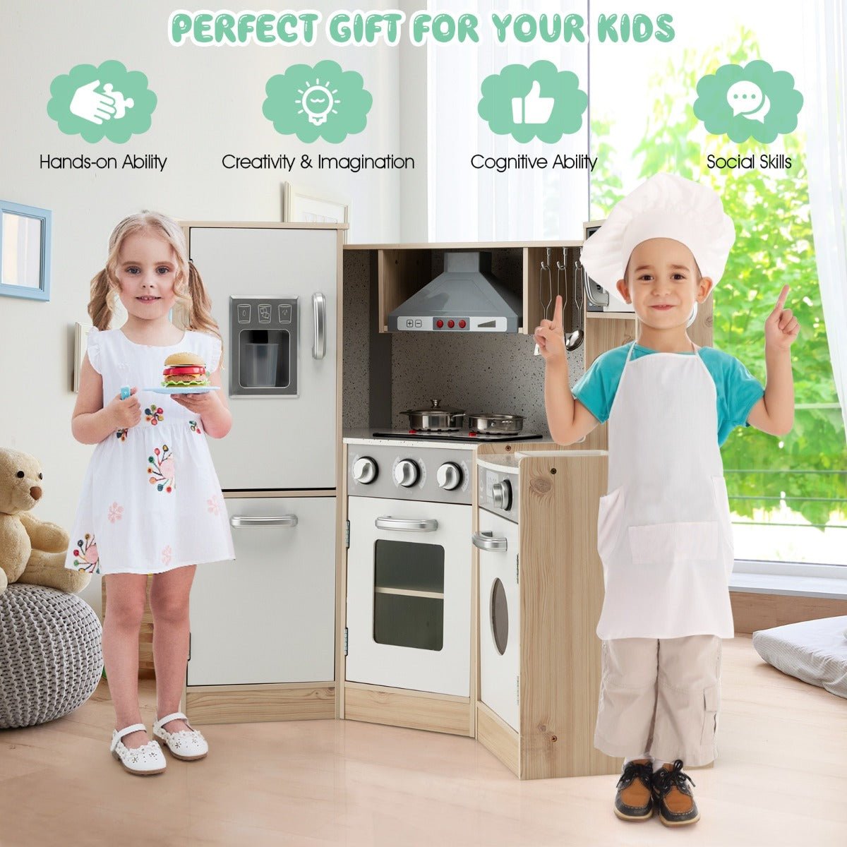 Little Chefs' Corner: Kids Wooden Pretend Corner Playset with Cookware Accessories